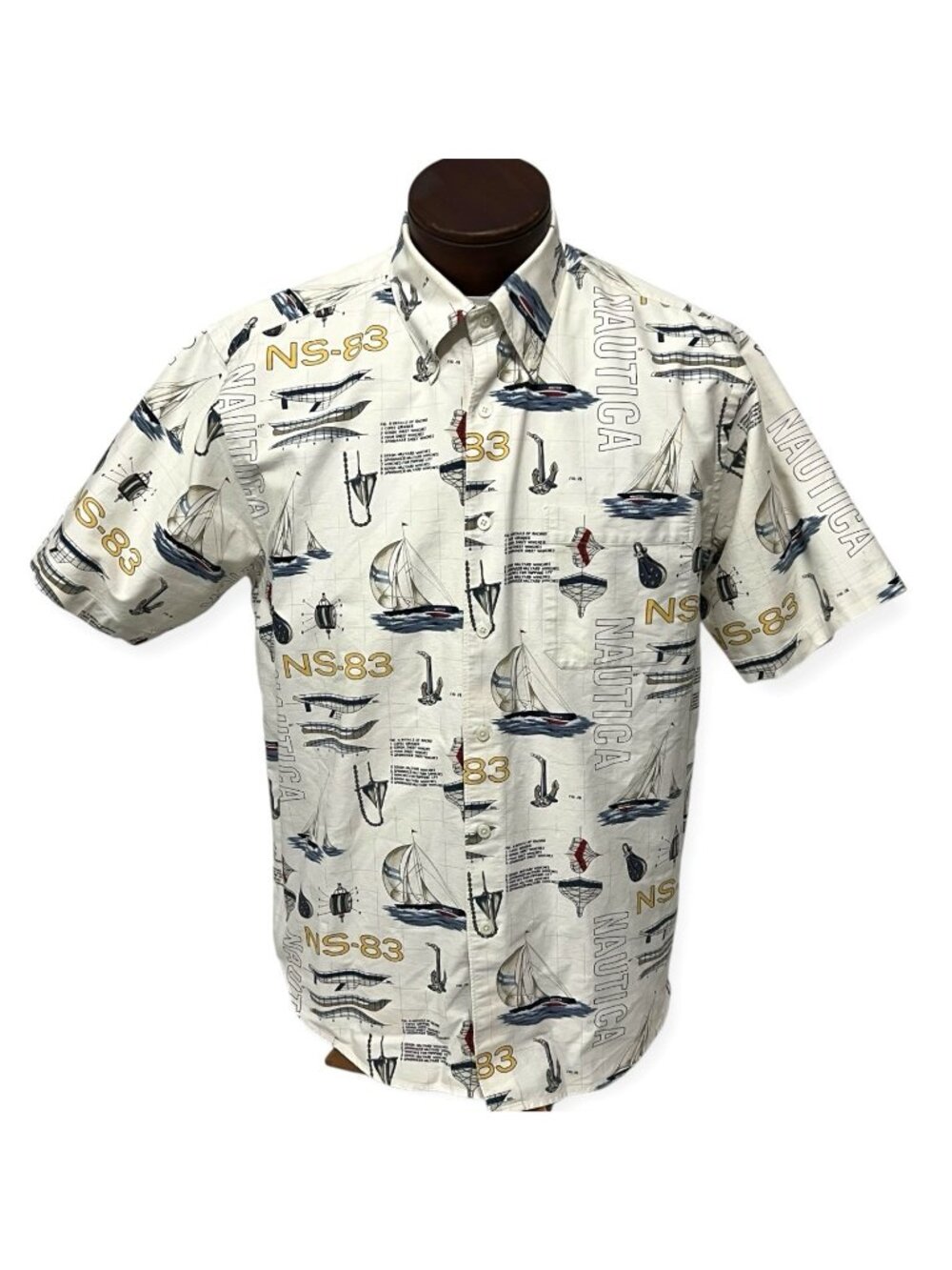Vintage 1990's Nautica NS-83 Sailing SS Shirt Mens L Nautical Print Hong Kong